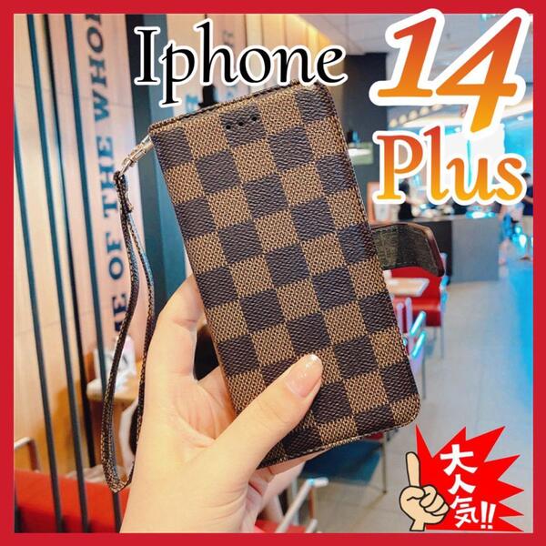 iPhone14Plus ケース手帳型 茶色 チェック柄 PUレザー シンプル 大人気アイホン14プラスカバー ブラウン