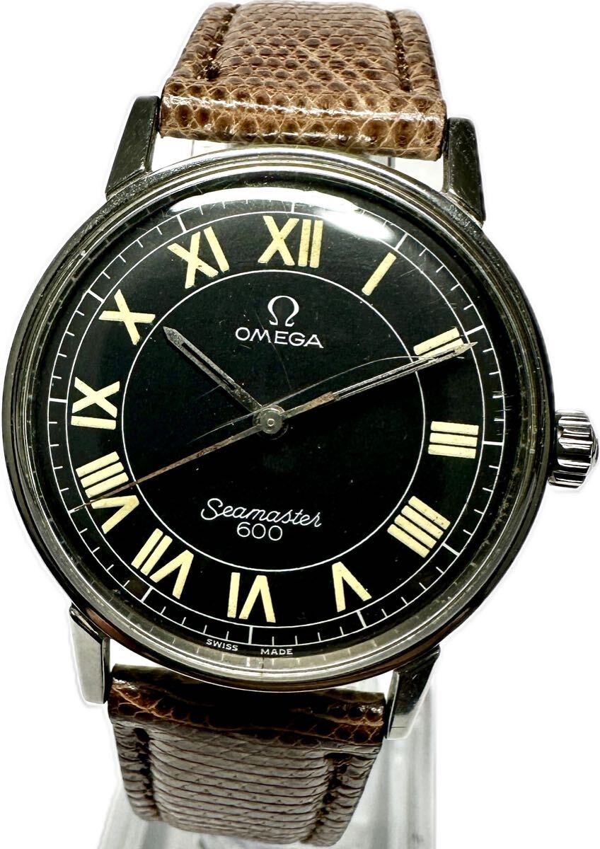 Y 希少 OMEGA オメガ シーマスター 600 ブラックローマン ラウンド メンズ 手巻き ヴィンテージ アンティーク 時計 92699945