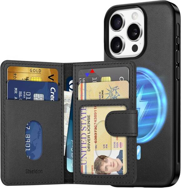 SHIELDON iPhone 16 Pro対応 本革レザー 磁気吸着ウォレット 分離可 6枚カード収納 RFIDブロッキング 磁気充電可 ブラック