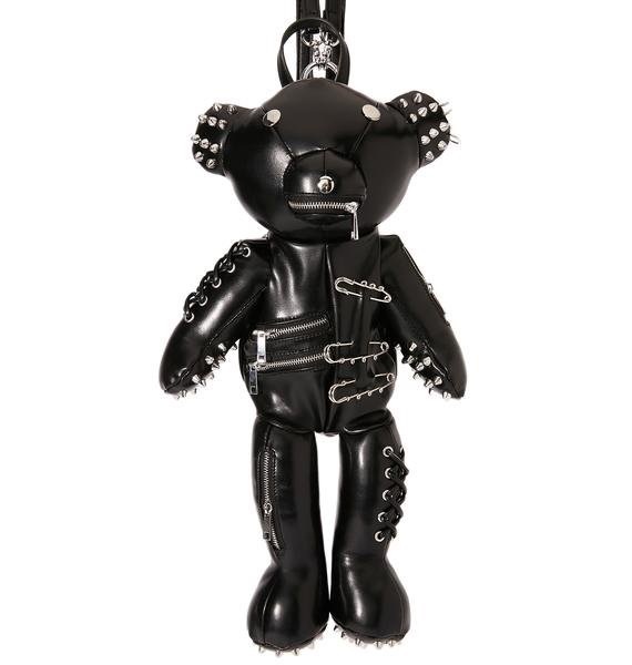 新品 インポート ぬいぐるみバックパック テディベア 黒 V系アクセサリー ゴスロリ ぬいぐるみリュックサック レザーのぬいぐるみ