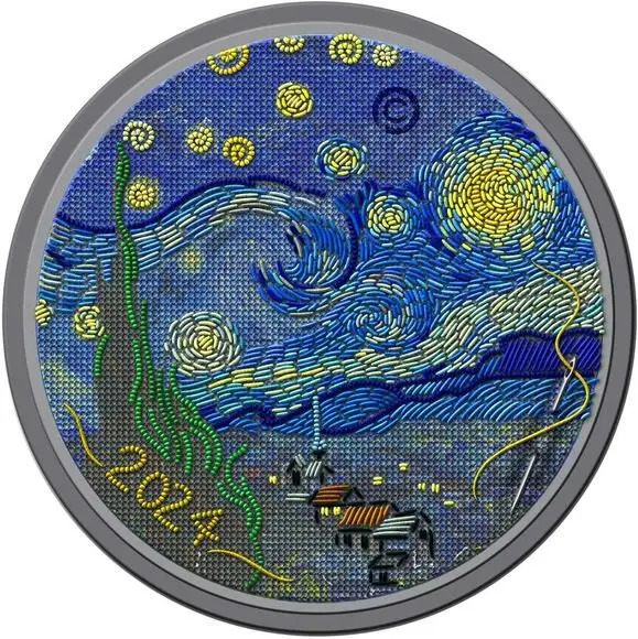 2024 3オンス パラオ 「星月夜」ゴッホ:ファイン刺繍アートシリーズ 彩色 シルク仕上げ 銀貨 20ドル 新品未使用