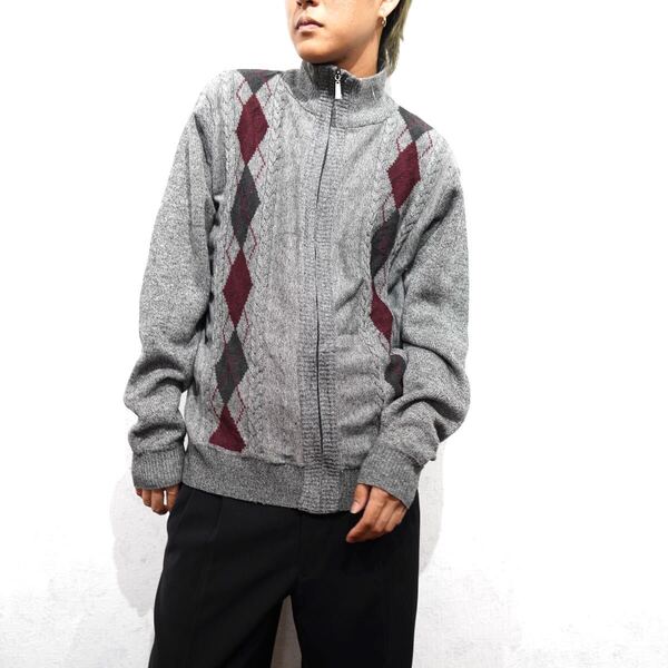 USA VINTAGE Alberto Cardinali ARGYLE PATTERNED ELBOW PATCH KNIT BLOUSON/アメリカ古着アーガイル柄エルボーパッチニットブルゾン