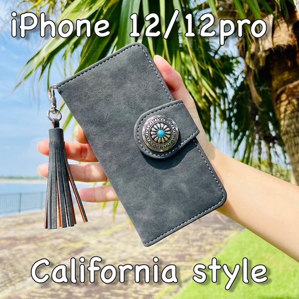iPhone 12 pro/12 レザーケース☆スエード&コンチョ☆アイフォン手帳型カバー☆