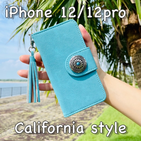 iPhone 12 pro/12 手帳型カバー☆スエード&コンチョ☆アイフォンレザーケース☆
