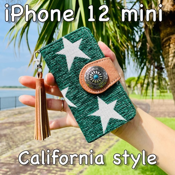 iPhone 12 mini レザーケース☆西海岸スタイル 星柄&コンチョ☆アイフォン手帳型カバー
