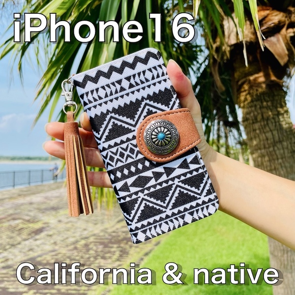 iPhone 16 レザーケース☆ネイティブ&コンチョ☆アイフォン手帳型カバー