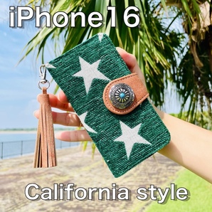 iPhone 16 レザーケース☆西海岸スタイル 星柄&コンチョ☆アイフォン手帳型カバー☆
