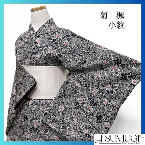 小紋 菊 楓 黒地 お洒落 赤 着物 113a d