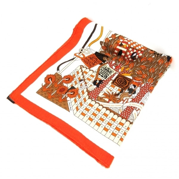 エルメス HERMES ストール(ショール) H242941S 10 カレジェアン/ショール カレ140 カシミヤ、シルク アイボリー×オレンジ×マルチ