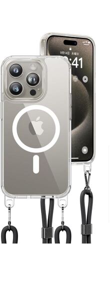 e496 iPhone 15pro 用 ケース ショルダー ストラップ付き magsafe対応 クリア カバー 肩掛け 長さ調節可能 紐付き ブラック NSC24A1088