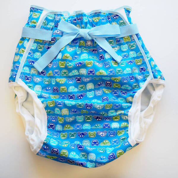 【新品】大人用おむつカバー M 車さん(ブルー) 腰ひも 防水:裏起毛 フィラインベイビーズ/Feline Babies