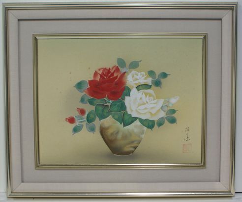 ・作者: ・菊地径葉 作・画題:「花瓶に薔薇」・技法: 日本画(原画) (B1-HIO-R4-6-6-28.5)