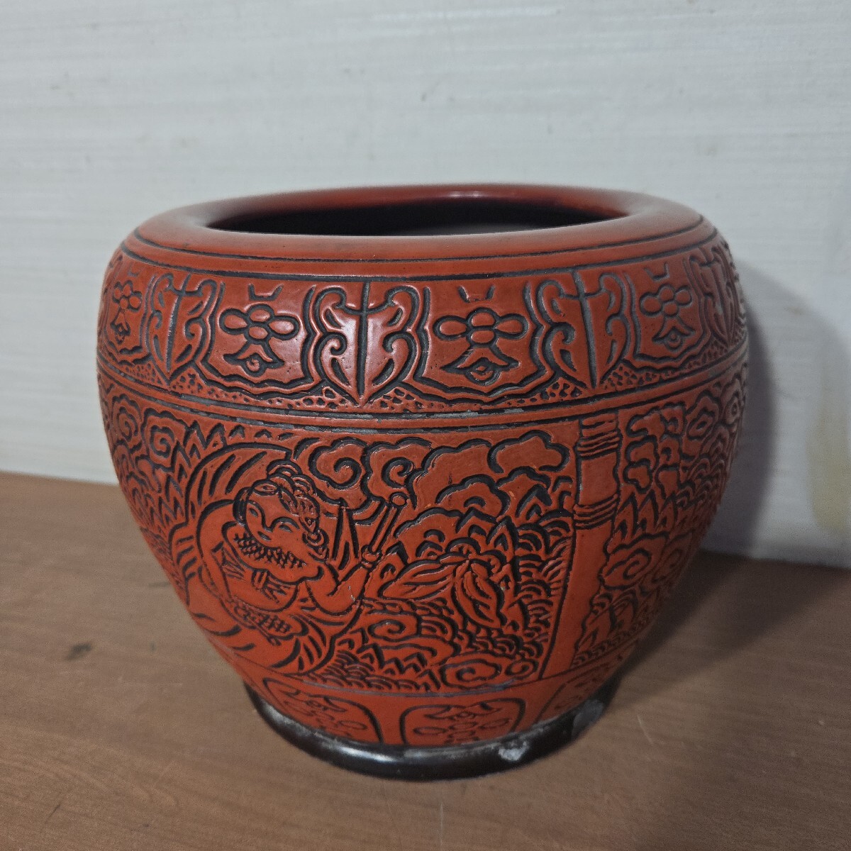 アンティーク 中国風景画 陶器製 大型 火鉢 五徳 灰付き 睡蓮鉢