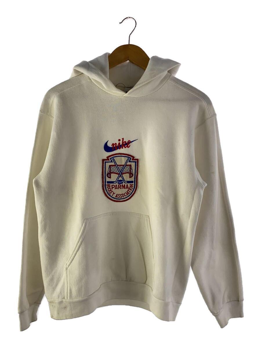 NIKE◆90s/銀タグ/刺繍ロゴ/プルオーバーパーカー/L/コットン/WHT/汚れ有//