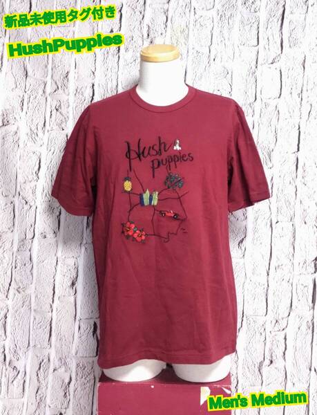 ★送料無料★ 新品 Hush Puppies Tシャツ ハッシュパピー Tシャツ エンジ色 刺繍 Medium
