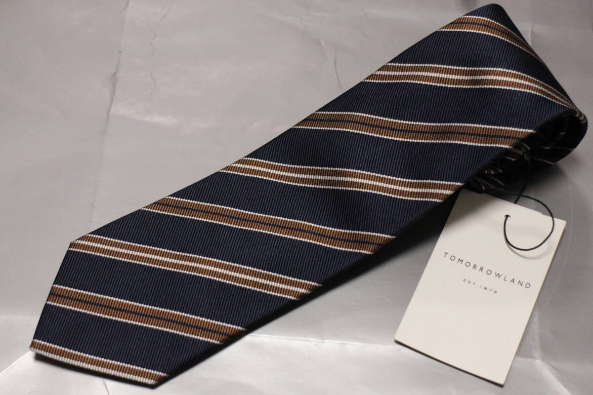 【極美品】TOMORROWLAND ネクタイ ストライプ ダークグレー ネイビー TOMORROWLAND シルク レジメンタルストライプ