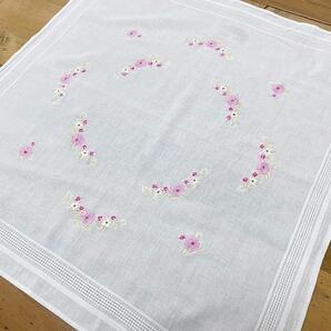ヴィンテージ レトロ 花柄 テーブルクロス 手刺繍 ホワイト コットン フランス