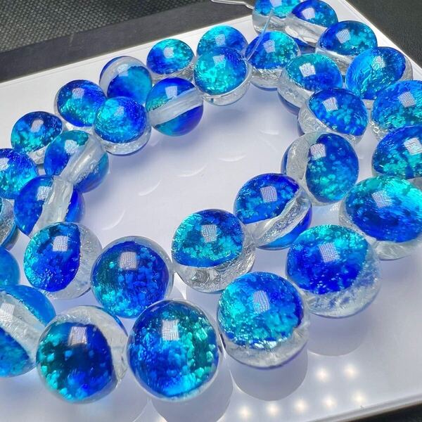 カビラブルー 10mm 連売り 40粒 蓄光 ホタルガラス とんぼ玉 とんぼガラス 沖縄川平湾