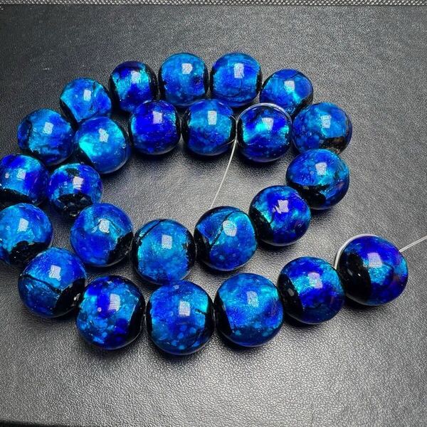 蓄光 ホタルガラス 14mm 連売り 28粒 濃いブルー とんぼ玉 とんぼガラス