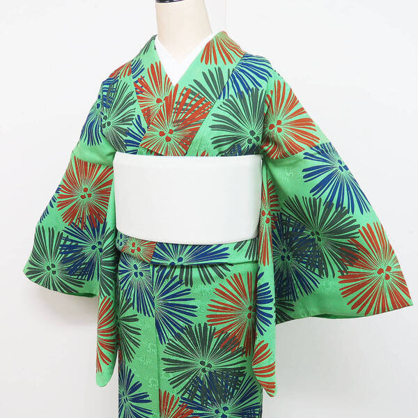小紋 緑 グリーン 花 洋花 マーガレット 正絹 手縫い 着物 中古状態良好 着物
