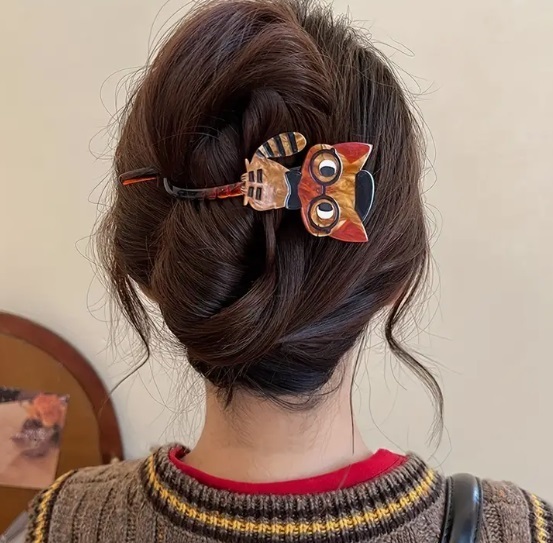 ■新品■ヘアクリップ■【めがね ねこ】【ブラウン】アクリル かわいい バレッタ メガネ 眼鏡 ネコ 猫 ヘアアクセサリー