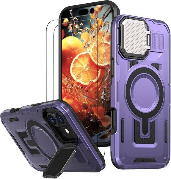 iPhone 16 レンズキャップ付ケース スタンド機能 MagSafe対応 ワイヤレス充電対応 ガラスフィルム2枚付
