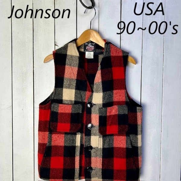 90s~00s USA製 Johnson WoolenMills チェックウールマッキノーベスト S~M オールド ジョンソン アメリカ古着 秋冬春 ●93