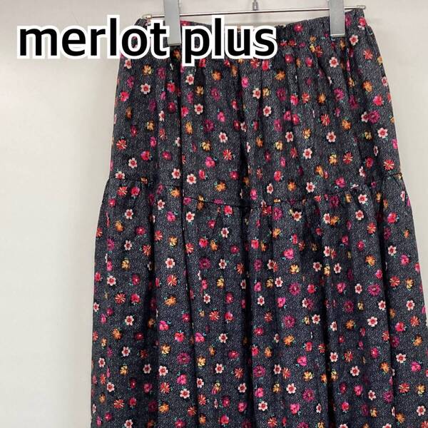 merlot plus メルロープリュス スカート ロングスカート フレアスカート 花柄 レディース ブラック【CB139】