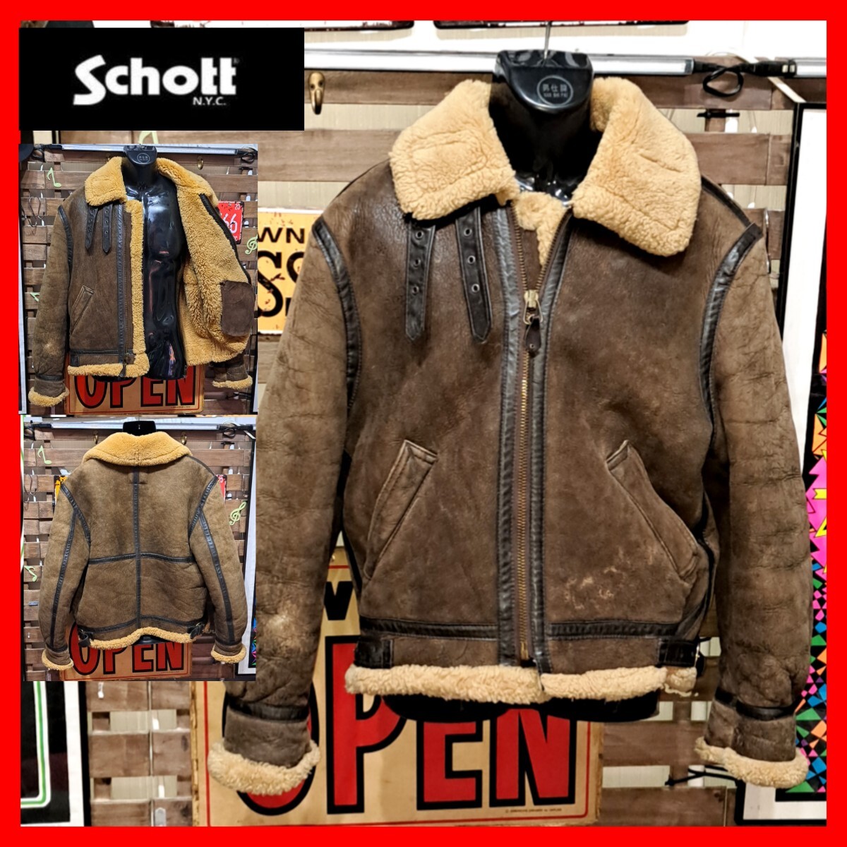 70s ヴィンテージ Schott ショット ショットブロス ムートンボア B-3 フライトジャケット 40 ブラウン USA製