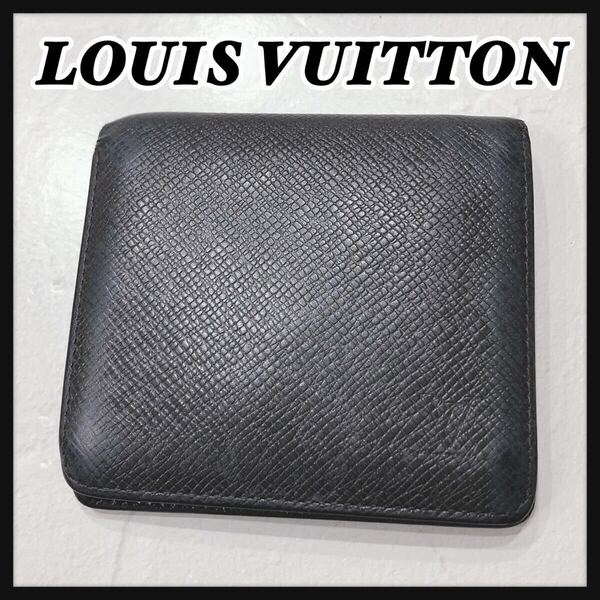 ☆LOUIS VUITTON☆ ルイヴィトン ヴィトン タイガ折り財布 二つ折り財布 財布 ウォレット ブラック レザー シンプル 無地 メンズ 送料無料