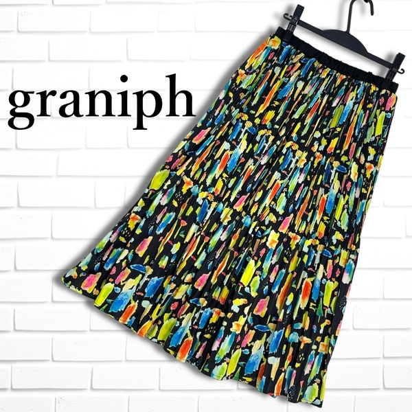 ◆美品◆ graniph グラニフ プリーツ 総柄 イージー ロング スカート 黒 ブラック レディース F ◆送料無料◆ 4144L