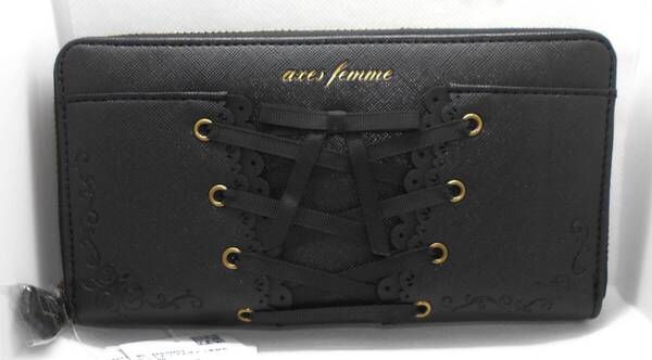 【新品】axes femme レースアップデザイン長財布 黒 ラウンドファスナー レディース