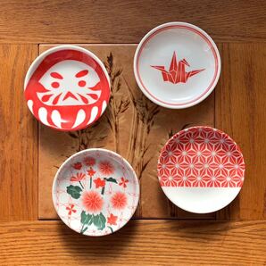 【送料無料】節分/お祝い/五節句/桃の節句/お正月/おもてなし/折鶴/だるま/菊花/麻の葉/丸皿/4枚セット