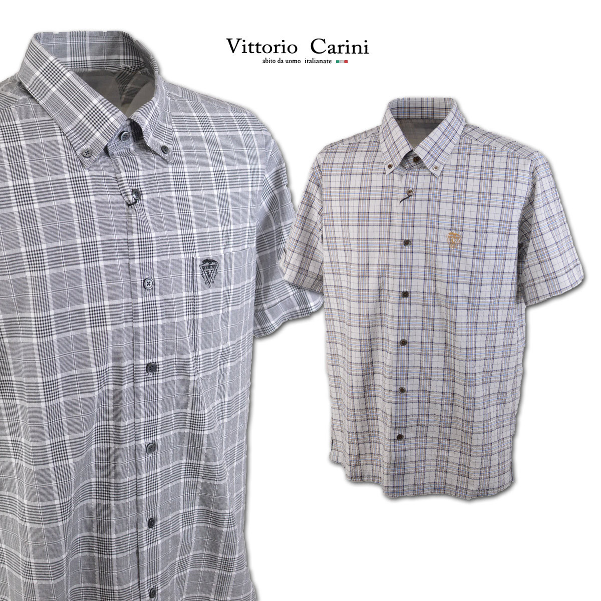 50%OFF【カリーニ】メンズ 半袖シャツ（46）M ベージュチェック 3230-1507-41 Carini 春夏 セール カジュアル おしゃれ ボタンダウン @
