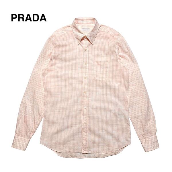 ☆良品 PRADA プラダ チェック柄 ボタンダウン 長袖シャツ ピンク系 size 41/16 ビジネスシャツ Yシャツ 古着 ジャケパン