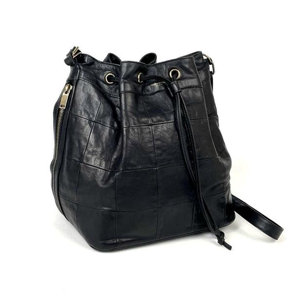 【美品】SAINT LAURENT サンローラン ショルダーバッグ 巾着 キルティング ドローストリング 斜め掛け レザー ブラック 黒色 フォーマル