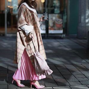 大人可愛いmake aiメイクアイ チェック柄コート ポンチョ ガウンMサイズ フリーサイズ ウール混ピンク オレンジ ブラウン マントコート