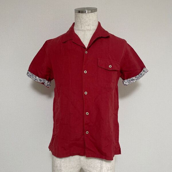 MEN'S MELROSE メンズメルローズ【3】メンズ 半袖 シャツブラウス 袖 花柄 レッド 赤 麻55% レーヨン45% 送料無料 匿名配送