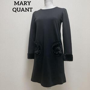 マリークワント MARY QUANT 長袖ワンピース ひざ丈ワンピース ボア カメリア ブラック ポケット Mサイズ ポケット