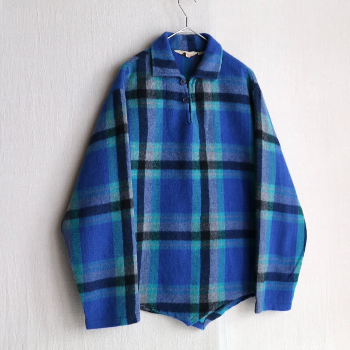 60s USA vintage プルオーバー ウール シャツ / M ブルー ネイビー チェック オープンカラー ボックス ビンテージ T5-01049-0607