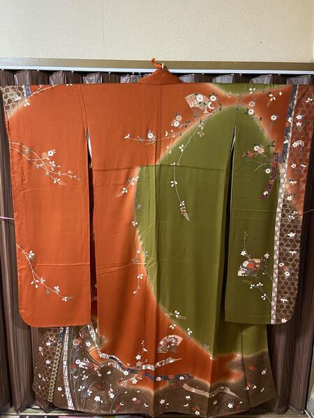 振袖 正絹 袷 金彩 縮緬 オレンジ グリーン グラデーション 扇 オシドリ 和服 和装 和物 高級品 百貨店