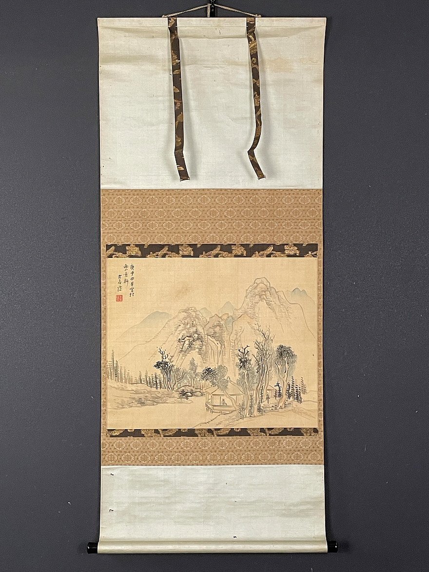 模写/野呂介石/湖山青桐書屋図/山水図/掛軸/名家伝来/AE-90