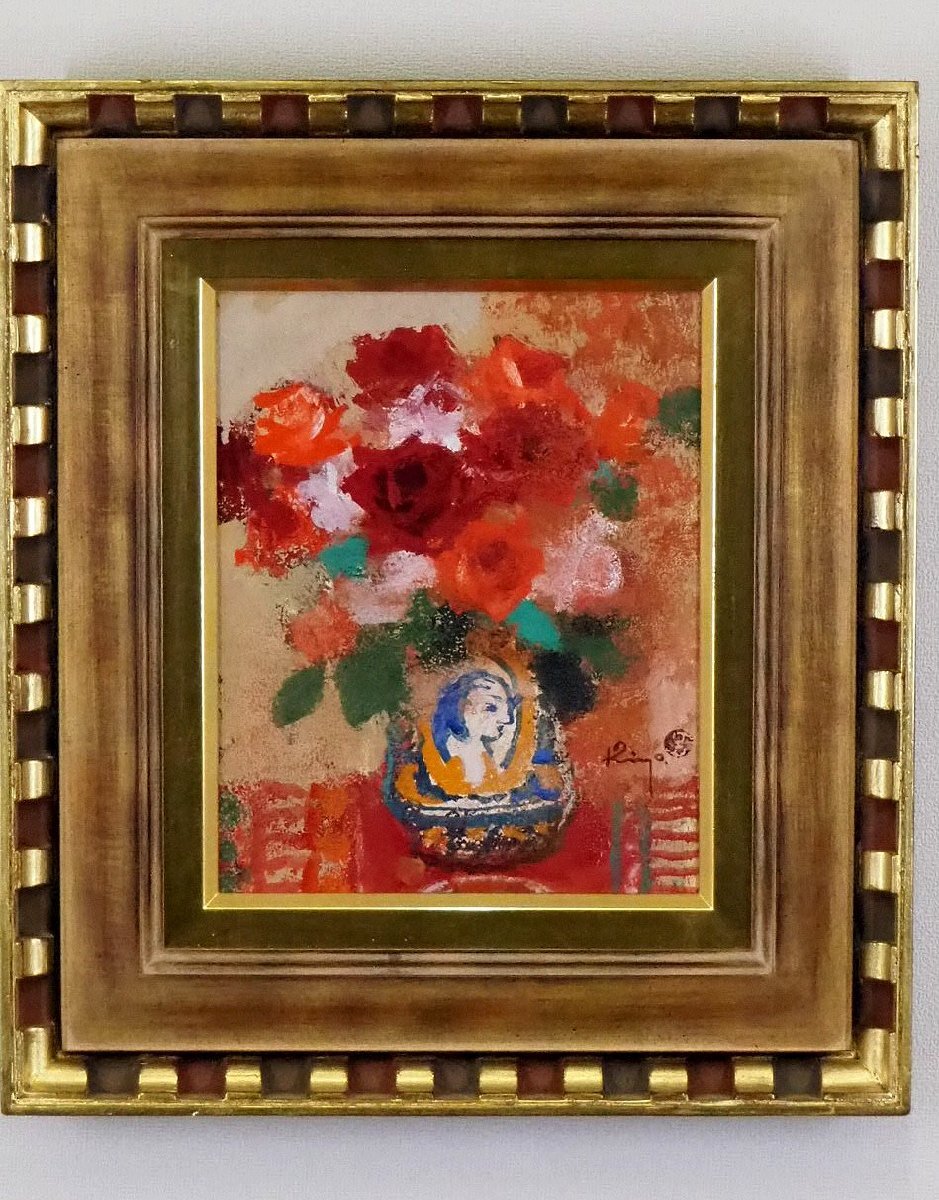 真作】清原啓一「赤絵壺の薔薇」油彩4号 一枚の繪取扱