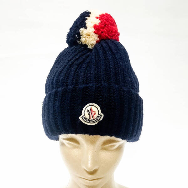 【送料無料】美品 モンクレール MONCLER BERRETTO WOVEN CAP ニット帽 ネイビー青(742) LANAWOOL100%羊毛 トリコロールMADE IN ITALY