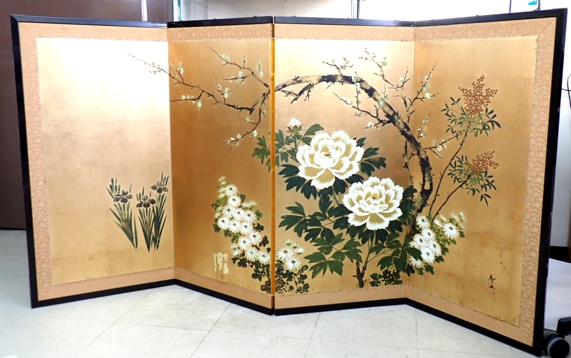 冬ギフト 葛谷聖山 在庫処分#636 四季の花 金箔｜日本画 色紙絵