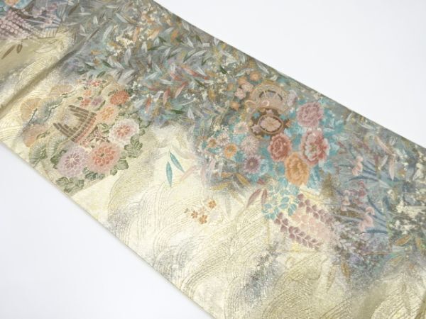 ys7278351; 波に草花・古楽器模様織り出し袋帯【着】