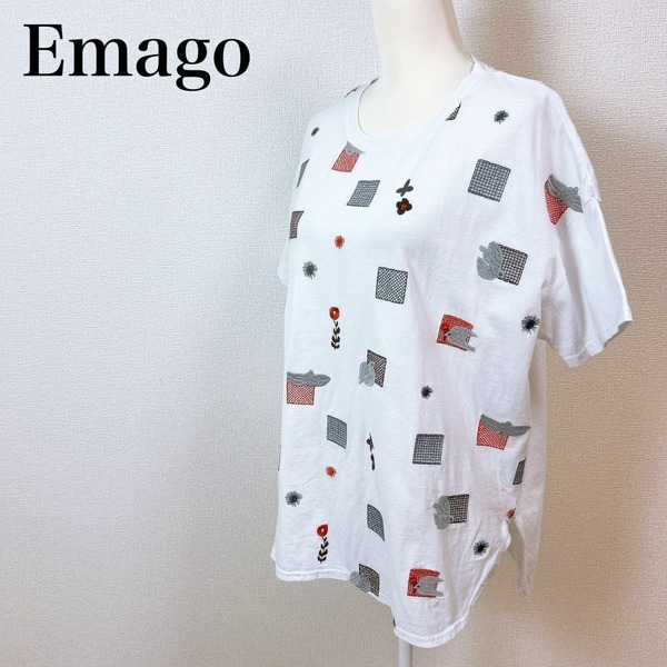 〇 Emago イマゴ Tシャツ 半袖 カットソー 刺繍 花柄 鳥 ホワイト 白 レディース 綿 コットン 麻 リネン Free
