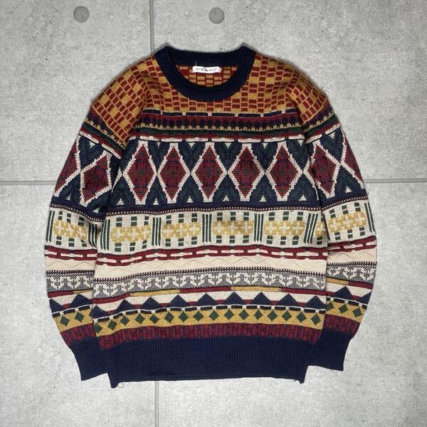 3Dニット 立体 ネイティブ柄 総柄 90s クルーネック ヴィンテージ 良配色 US古着 セーター 編み込み チマヨ柄 ネイビー L