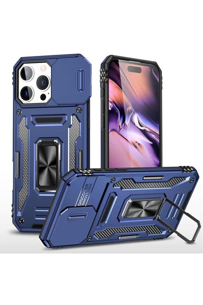 iPhone 16 Pro Maxケース 全方位保護 リング付き スライドカメラプロテクター MIL規格 耐衝撃 スタンド 車載対応 - ネイビーブルー