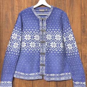 ニット カーデ 雪柄 フック 青 ブルー 藤色 チロリアン レトロ おしゃれ かわいい ヴィンテージ vintage used 古着/club723 クラブ723(N609